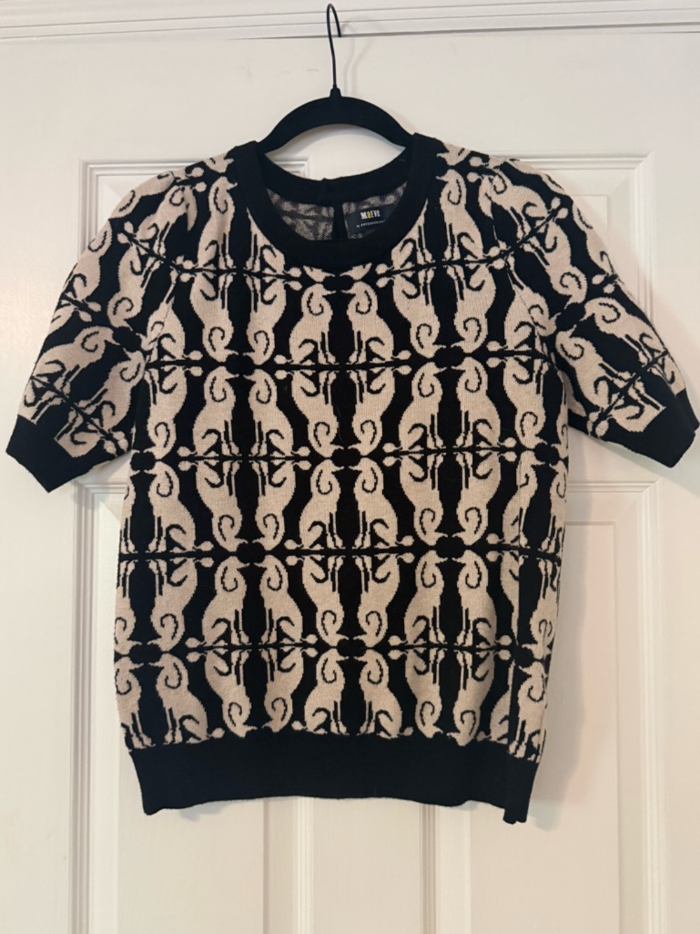 Anthro Black and Cream Patterned Short Sleeve Sweater